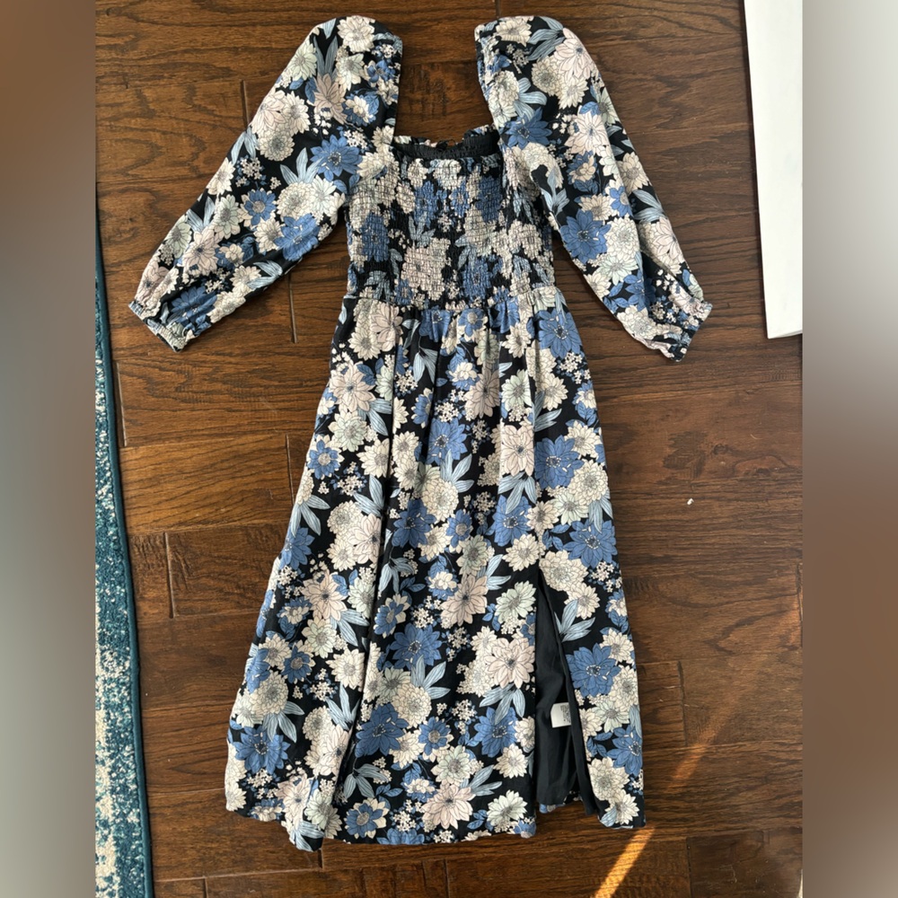 100% linen summer blue floral square neck puff sleeve J. crew midi dress
